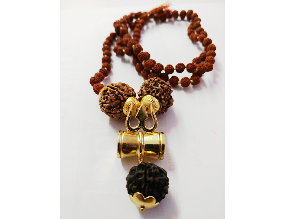 108 Beaded Rudraksha Mala w/ Trishul Damru Pendent/Sign of God Shiva